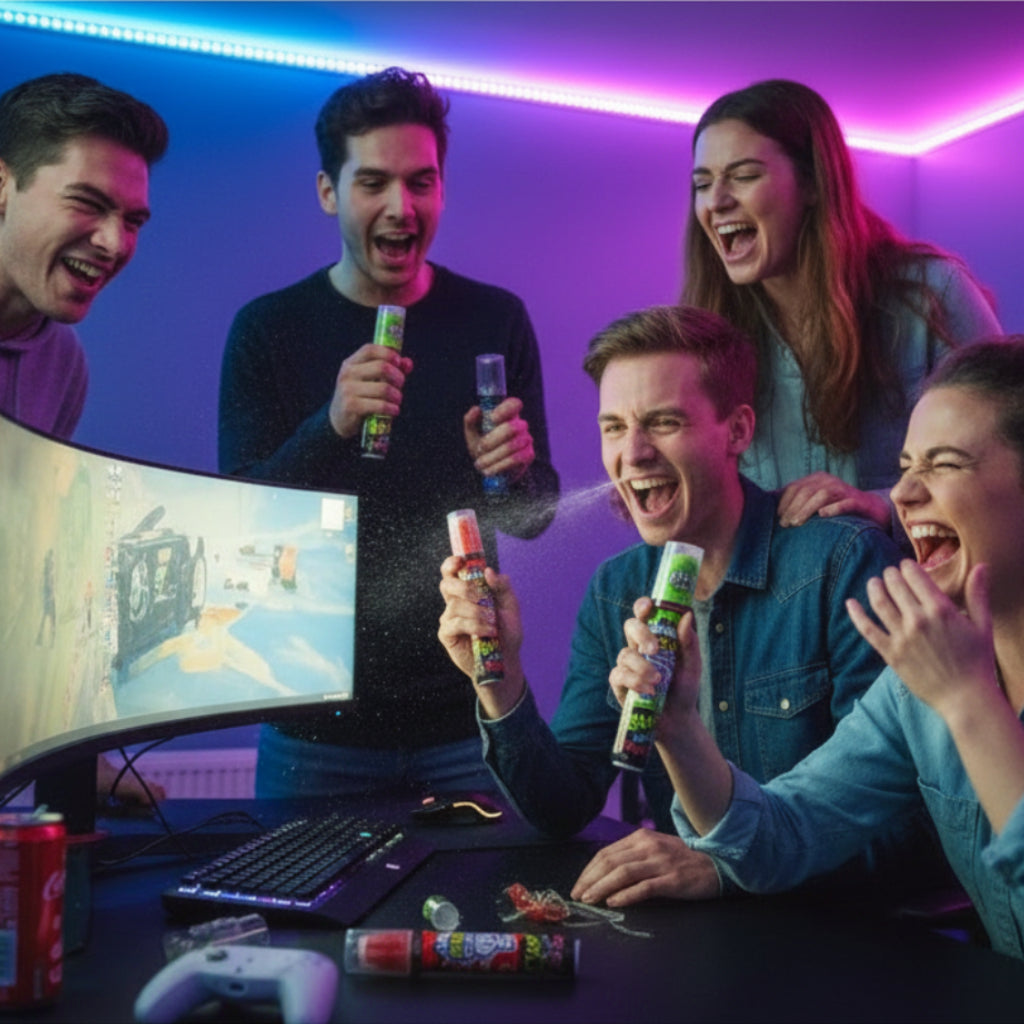 eazioni estreme al gusto di Brain Blasterz Super Sour Spray Mela & Fragola, acidità livello 3, sfida tra amici e searate gaming