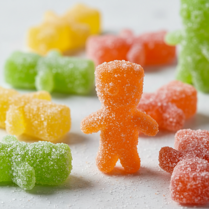 Dettaglio macro di Kent Jelibon Sour Patch Tropical con polverina acidula e colori tropicali visibili