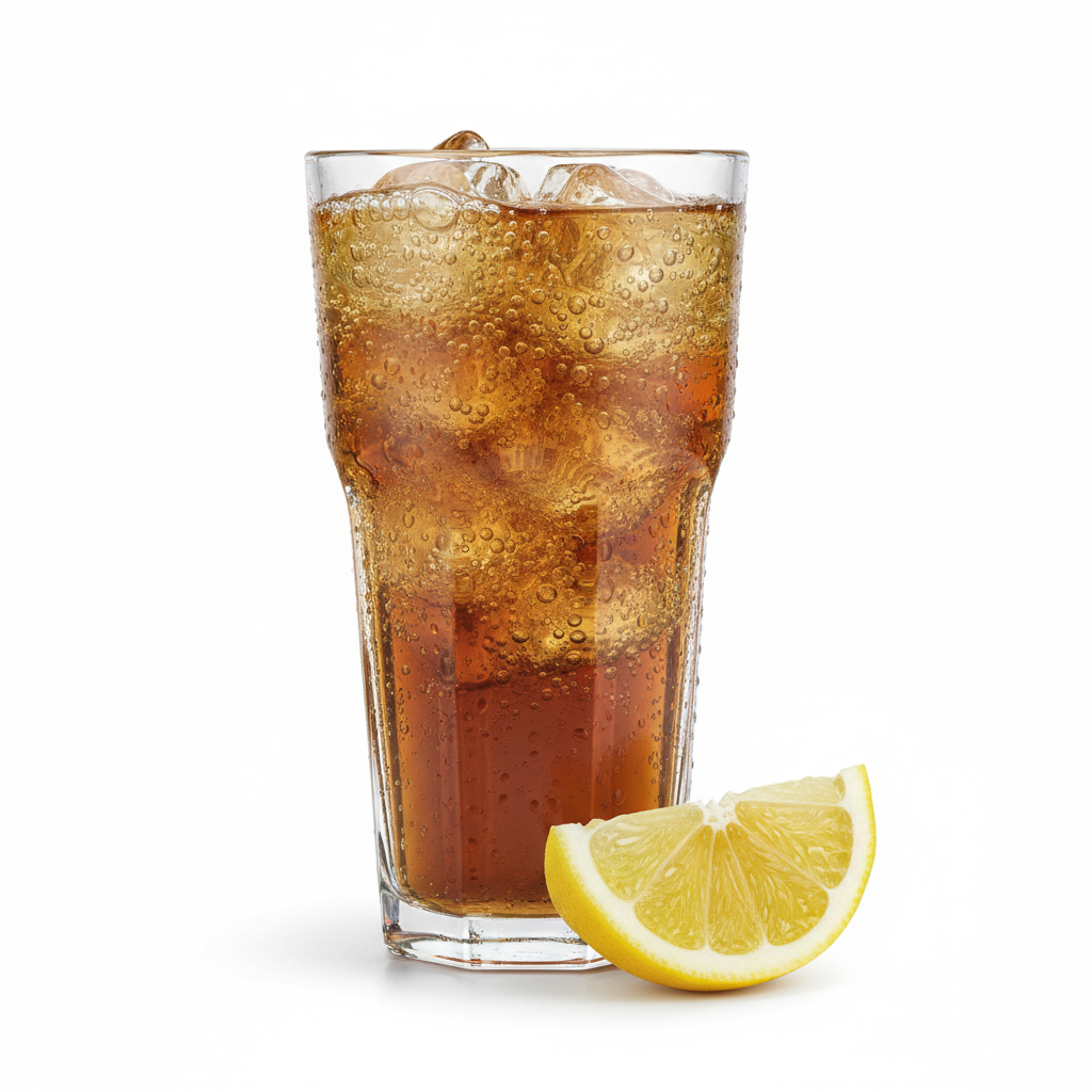 Bicchiere di Coca-Cola Lemon con bollicine visibili e fetta di limone fresca accanto, enfatizza gusto fruttato e naturale