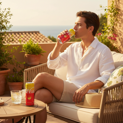 Persona che sorseggia Coca-Cola Lemon in terrazza soleggiata, atmosfera estiva e rilassata, sottolinea momento refresh