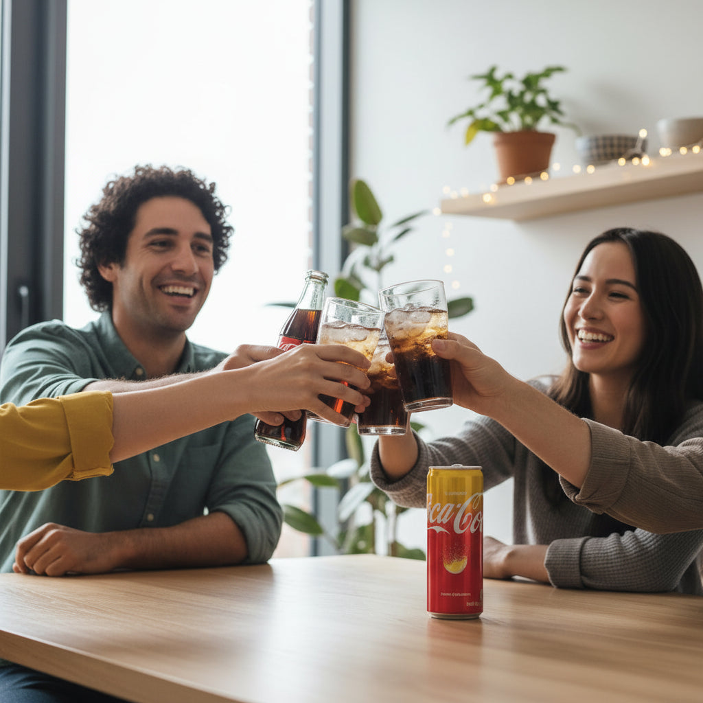 Tre lattine di Coca-Cola Lemon su tavolo con amici che brindano, atmosfera conviviale e moderna