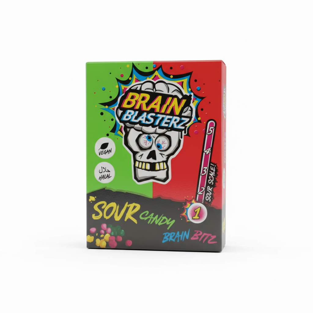 Pacchetto originale Brain Blasterz Bitz Sour Candy, importazione UK, in primo piano con logo e grafica, sottolineando autenticità e qualità premium.