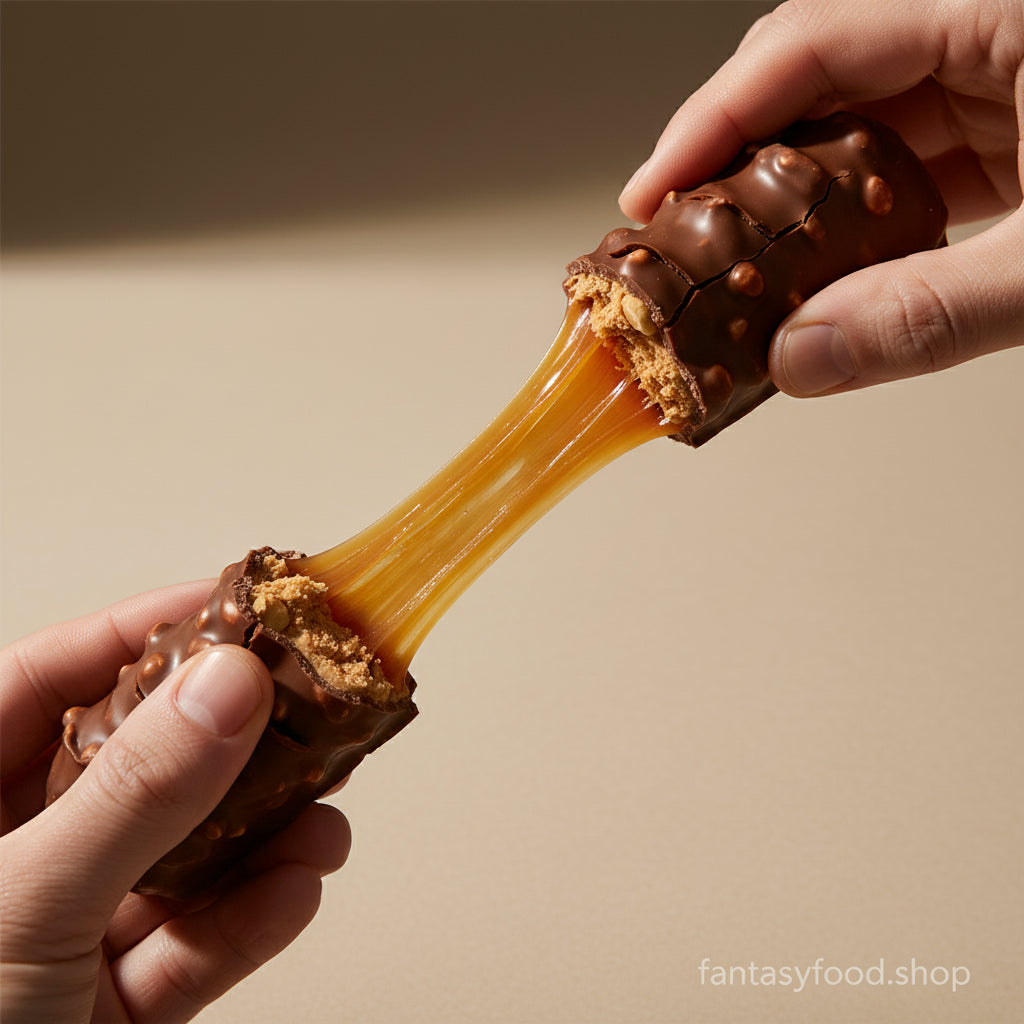 Due metà di barretta Reese’s Nutrageous distanziate con un filo di caramello dorato che le unisce, evidenziando la freschezza del prodotto.