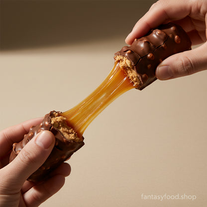 Due metà di barretta Reese’s Nutrageous distanziate con un filo di caramello dorato che le unisce, evidenziando la freschezza del prodotto.