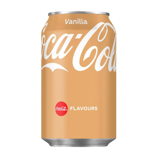 Lattina di Coca-Cola gusto vaniglia, colore beige chiaro, importazione Danimarca, 330ml.