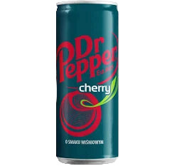 Lattina di bibita gassata DR PEPPER Cherry (Ciliegia), versione importata dagli Stati Uniti (USA). La confezione rossa e bianca è decorata con ciliegie e il logo iconico. Soft drink noto per il mix di 23 aromi con l'aggiunta di un'intensa nota di ciliegia matura. Bevanda da collezione.