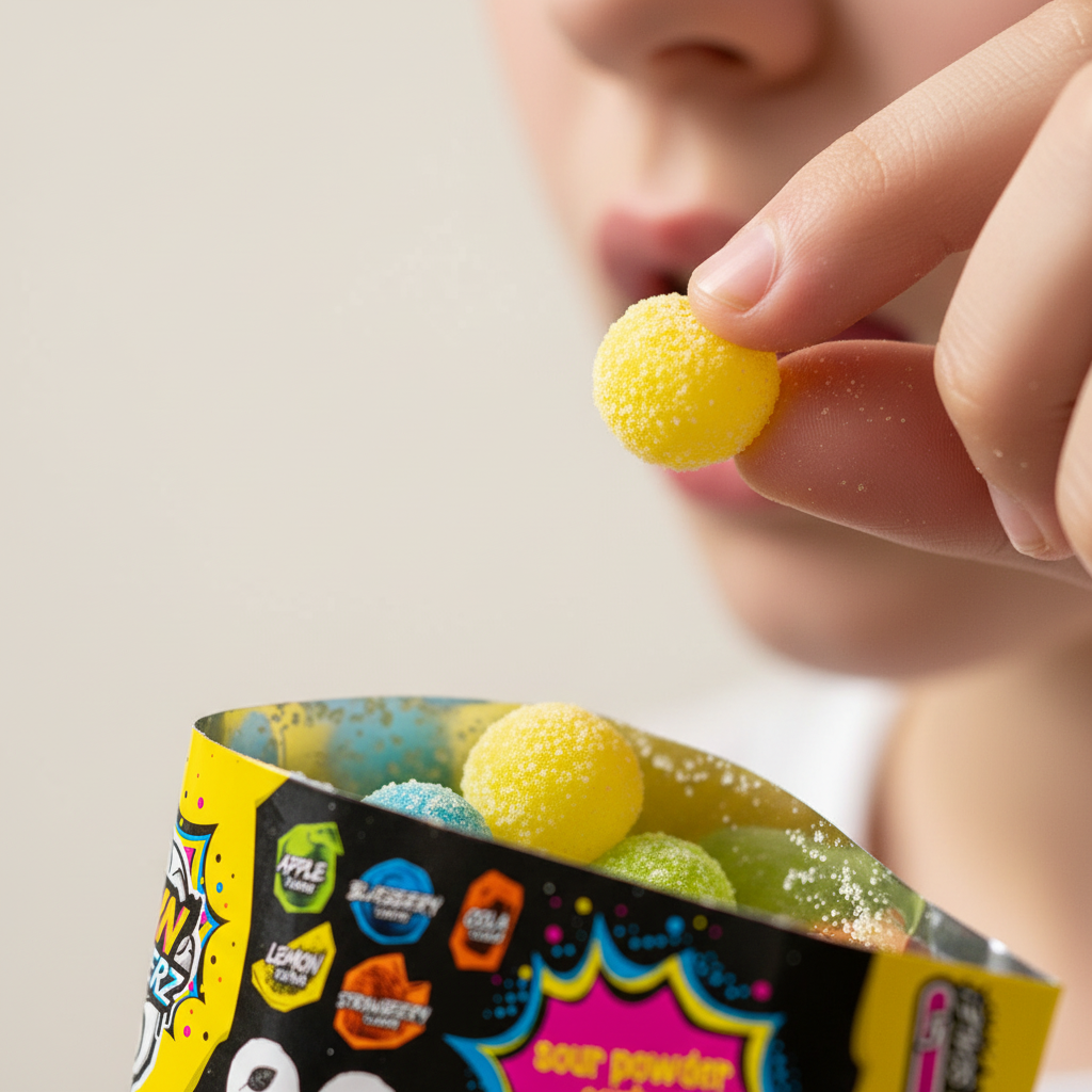 Persona che assaggia una Brain Blasterz Breakerz, mostrando la caramella e i colori vivaci e luminosi