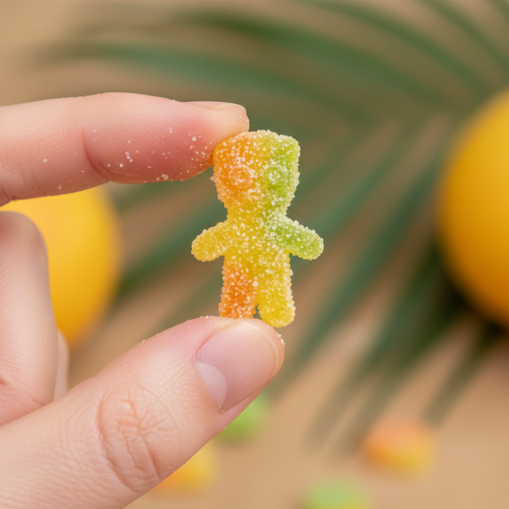 Mani che prendono una caramella Kent Jelibon Sour Patch Tropical mostrando la consistenza morbida e la polvere acidula