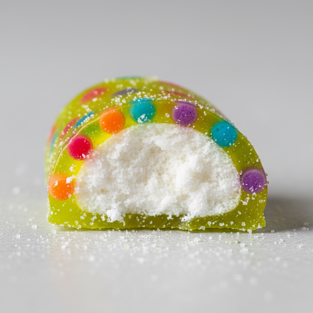 Caramella Bazooka Rattlerz Sour spezzata a metà che mostra il ripieno in polvere acidula