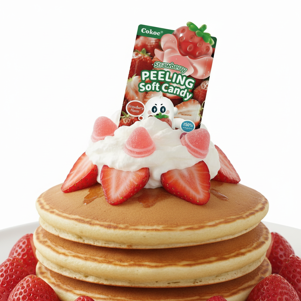 Caramella morbida gommosa (Soft Candy) Cocok al gusto fragola in formato 'peeling' o 'sbucciabile'. La confezione mostra caramelle rosse e bianche ideali per una merenda divertente. Snack dolci asiatici e novità gommose. dessert creativo originale