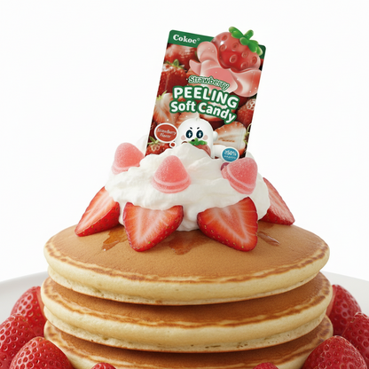 Caramella morbida gommosa (Soft Candy) Cocok al gusto fragola in formato 'peeling' o 'sbucciabile'. La confezione mostra caramelle rosse e bianche ideali per una merenda divertente. Snack dolci asiatici e novità gommose. dessert creativo originale