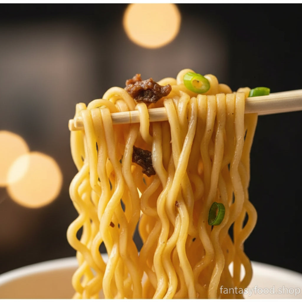 Dettaglio ravvicinato dei noodles Negisan Cup Noodle One Piece al manzo