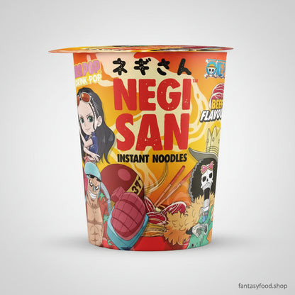 Dettaglio grafico dei personaggi Nico Robin Franky e Brook sulla confezione Negisan Cup Noodle