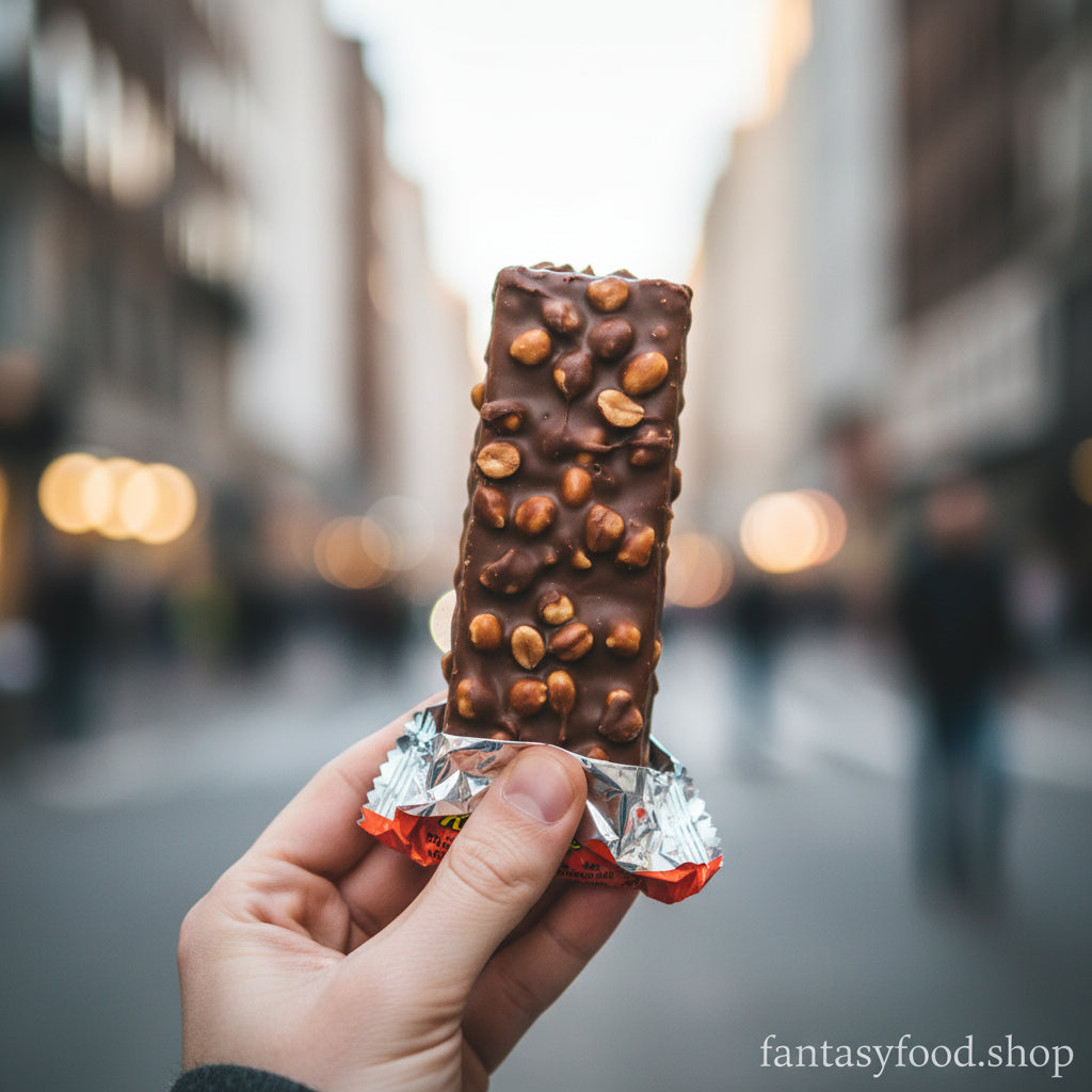 Mano che regge una barretta Reese's Nutrageous pronta al consumo, sottolineando il formato da 47g ideale per una pausa sostanziosa.