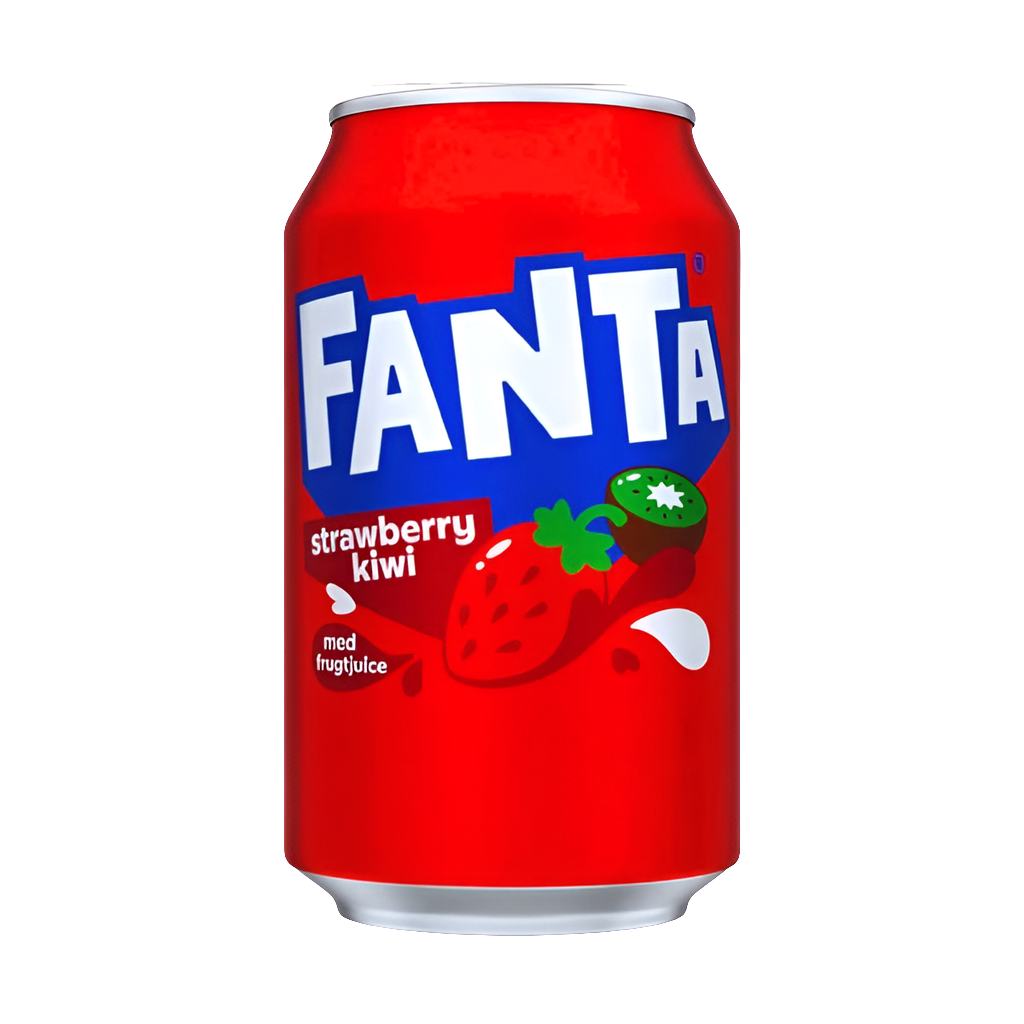 Lattina di bibita gassata FANTA Fragola e Kiwi (Strawberry and Kiwi). La confezione mostra fragole rosse e kiwi verdi in un'esplosione di frutta. Soft drink frizzante, dolce e rinfrescante in edizione speciale importata dalla Danimarca (DK).