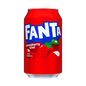 Lattina di bibita gassata FANTA Fragola e Kiwi (Strawberry and Kiwi). La confezione mostra fragole rosse e kiwi verdi in un'esplosione di frutta. Soft drink frizzante, dolce e rinfrescante in edizione speciale importata dalla Danimarca (DK).