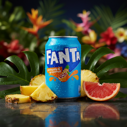 Lattina di Fanta Ananas & Pompelmo UK in primo piano su sfondo tropicale, mostrando il colore brillante e il packaging originale.