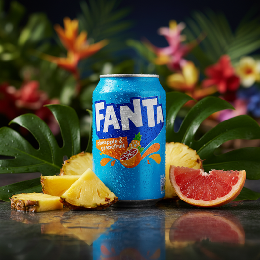 Lattina di Fanta Ananas & Pompelmo UK in primo piano su sfondo tropicale, mostrando il colore brillante e il packaging originale.