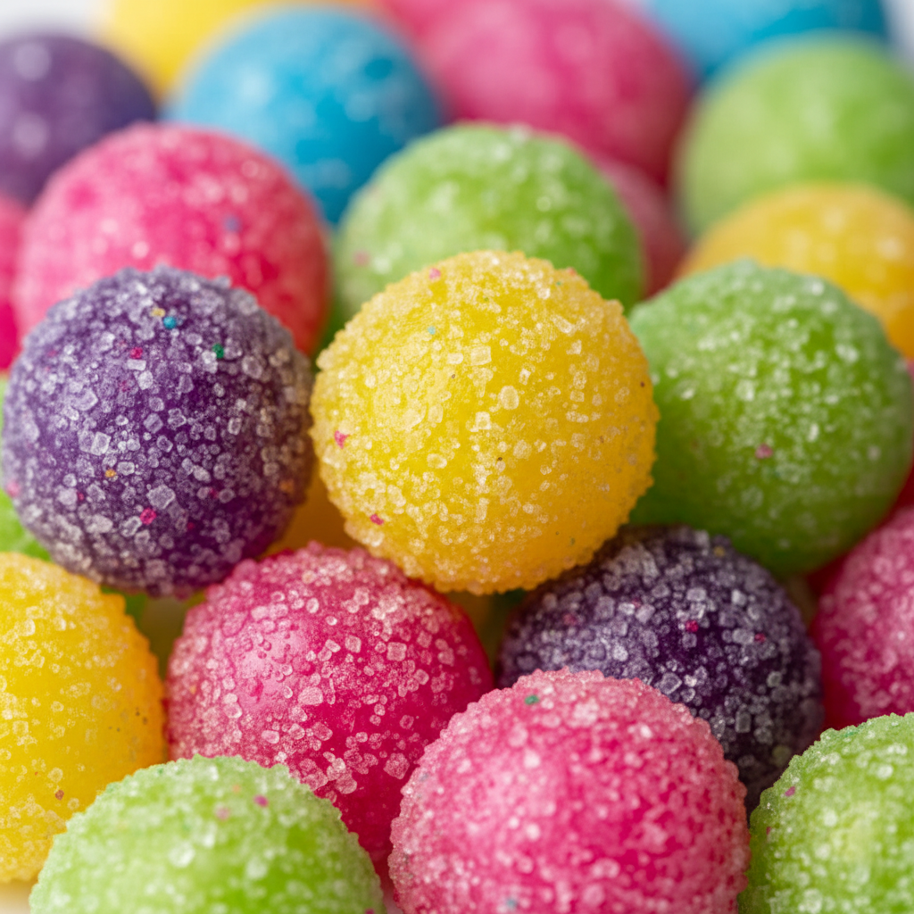 Primo piano delle caramelle Bazooka Rattlerz Sour che mostra il rivestimento lucido e i colori vivaci