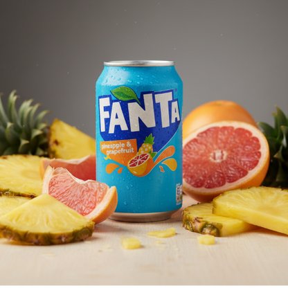 Lattina di Fanta Ananas & Pompelmo UK circondata da fette di ananas e pompelmo fresco, enfatizzando gli ingredienti naturali.