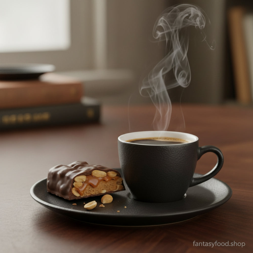 Barretta Reese's Nutrageous servita accanto a una tazzina di caffè espresso, ideale per bilanciare la dolcezza del caramello e delle arachidi.