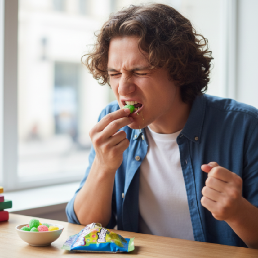 Persona che morde una caramella Bazooka Rattlerz Sour catturando la reazione iniziale all’acidità