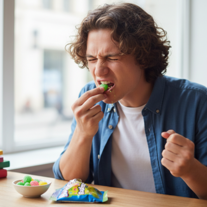 Persona che morde una caramella Bazooka Rattlerz Sour catturando la reazione iniziale all’acidità