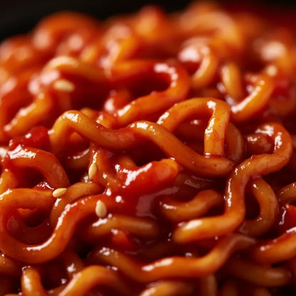 Salsa Buldak densa e brillante sui noodles