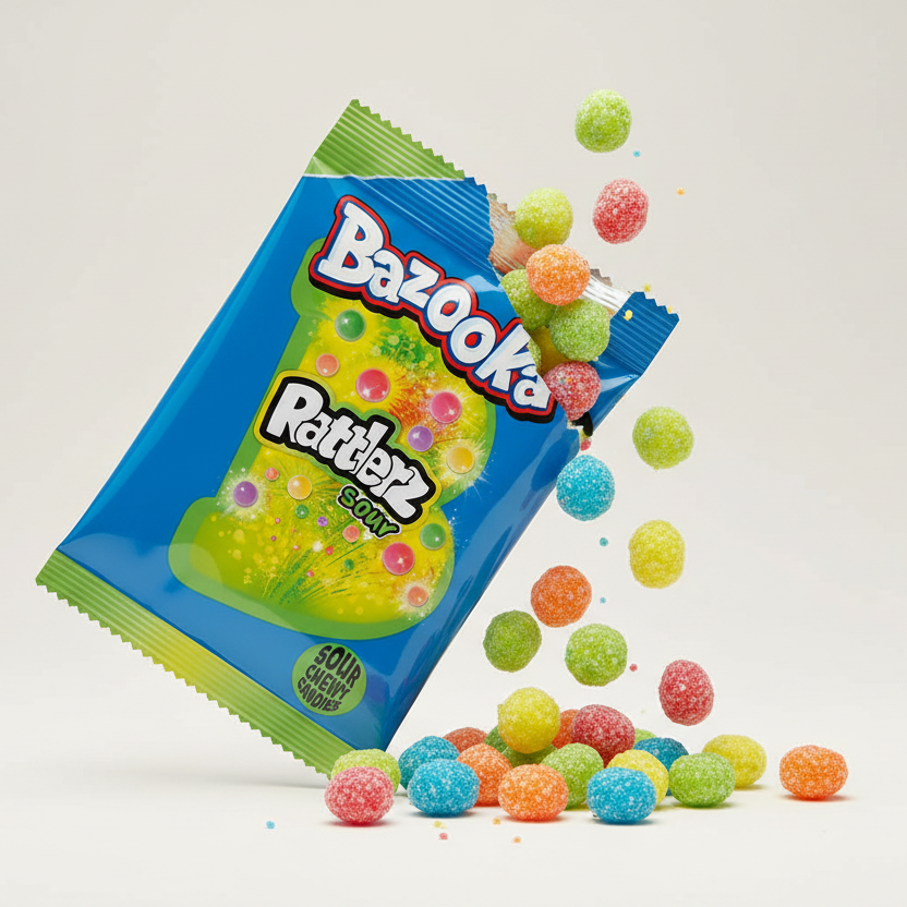 Confezione di Bazooka Rattlerz Sour aperta con caramelle visibili, evocando l’effetto sonoro e l’esperienza sour interattiva