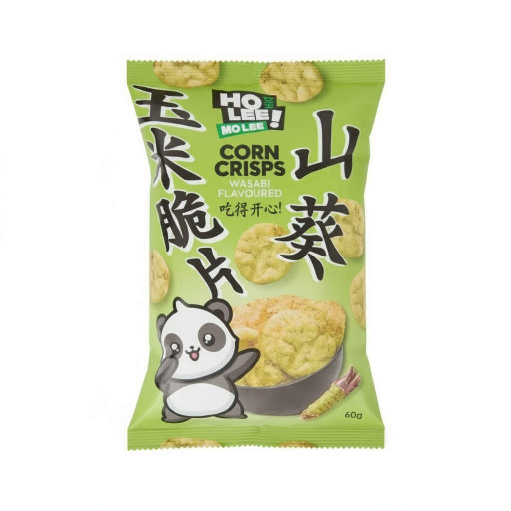 Sacchetto di snack di mais croccanti LEE MO LEE Corn Crisps al gusto intenso di Wasabi. La confezione verde brillante mostra le patatine di mais e il rafano giapponese. Snack thailandese (TH), piccante e saporito, formato 60 grammi.