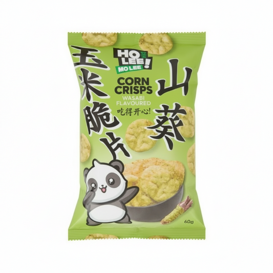 Sacchetto di snack di mais croccanti LEE MO LEE Corn Crisps al gusto intenso di Wasabi. La confezione verde brillante mostra le patatine di mais e il rafano giapponese. Snack thailandese (TH), piccante e saporito, formato 60 grammi.
