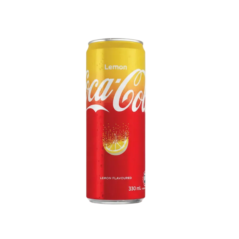 Lattina di Coca-Cola Lemon 330ml in primo piano con sfondo trasparente 