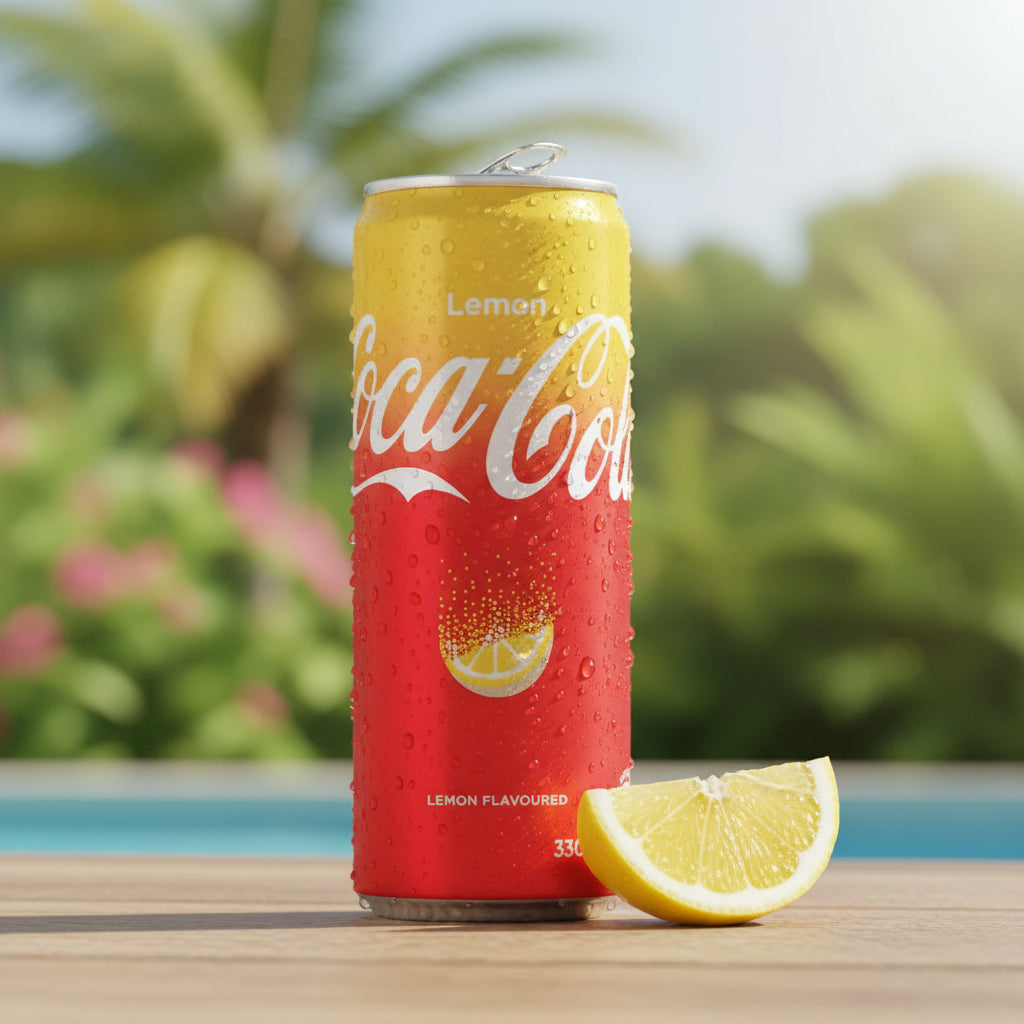 Lattina di Coca-Cola Lemon 330ml in primo piano, gocce di condensa e limone accanto, sfondo chiaro neutro