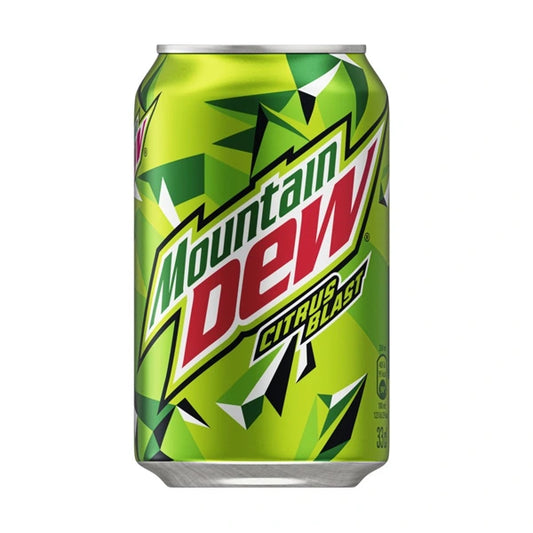 Lattina di Mountain Dew Citrus Blast, colore verde acceso con pattern geometrico, importazione Danimarca, formato 330ml.