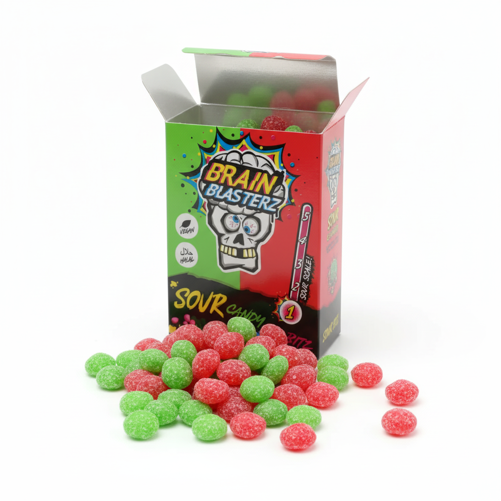 Barattolo trasparente pieno di mini caramelle verdi e rosse, rappresentando il mix perfetto di mela verde e fragola. Ideale per collezionisti e amanti delle candy challenge.
