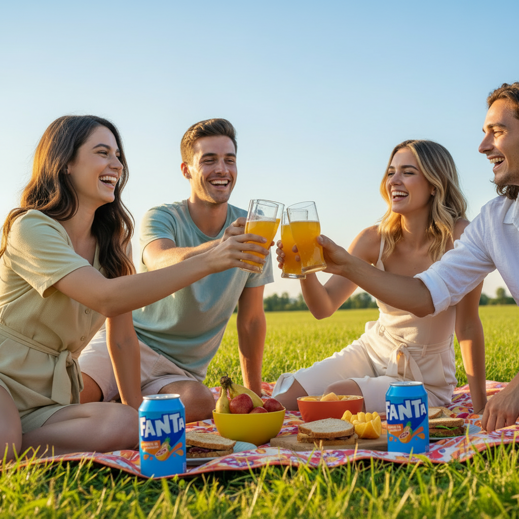 Giovani che brindano con bicchieri di Fanta Ananas & Pompelmo UK durante un picnic estivo, esprimendo gioia e convivialità.