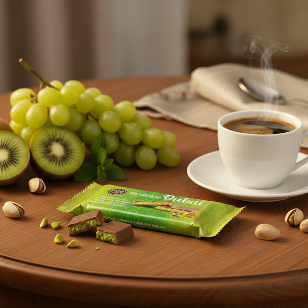 Tavoletta Elit 1924 Dubai su tavolo, accompagnata da tazza di caffè e frutti freschi, scena di degustazione elegante.