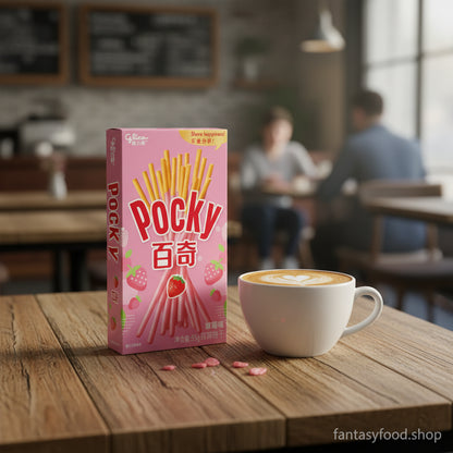 Momento pausa caffè con Pocky alla fragola Glico, abbinamento ideale per snack pomeridiano.