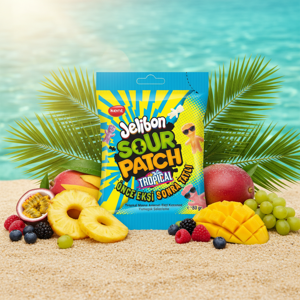 Confezione di Kent Jelibon Sour Patch Tropical posata su sfondo estivo e tropicale con frutta fresca intorno