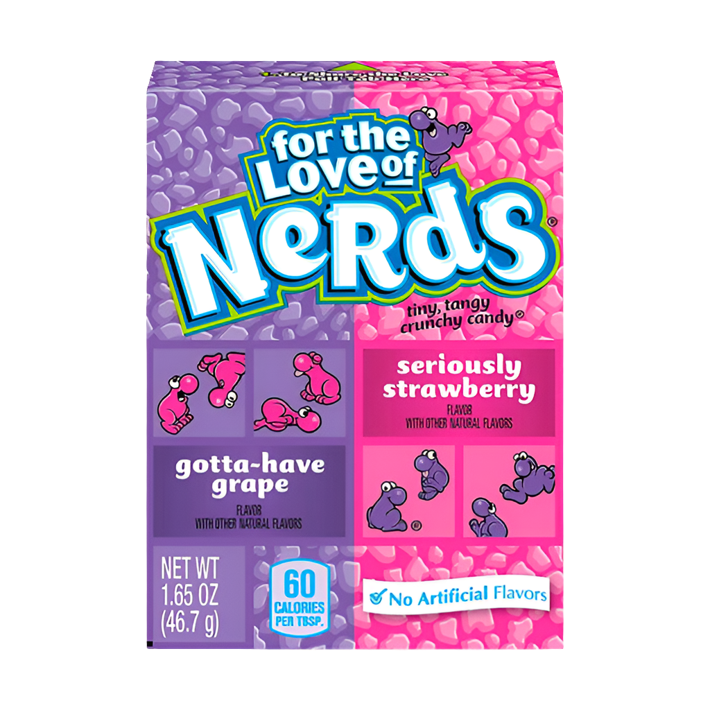 Scatola di caramelle NERDS al gusto Uva e Fragola (Grape & Strawberry). La confezione divisa presenta due scomparti separati per gusti contrastanti: il viola per l'uva (Grape) e il rosa/rosso per la fragola (Strawberry). Caramelle croccanti, piccole e zuccherate, un classico americano importato dagli Stati Uniti (USA).
