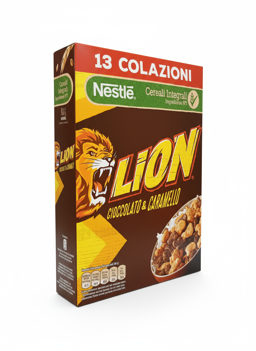 Scatola di cereali per la colazione NESTLÉ LION, con chicchi croccanti ai gusti di Cioccolato e Caramello. L'immagine mostra i cereali in una ciotola con il latte. Cereali integrali Lion, ideali per la colazione.