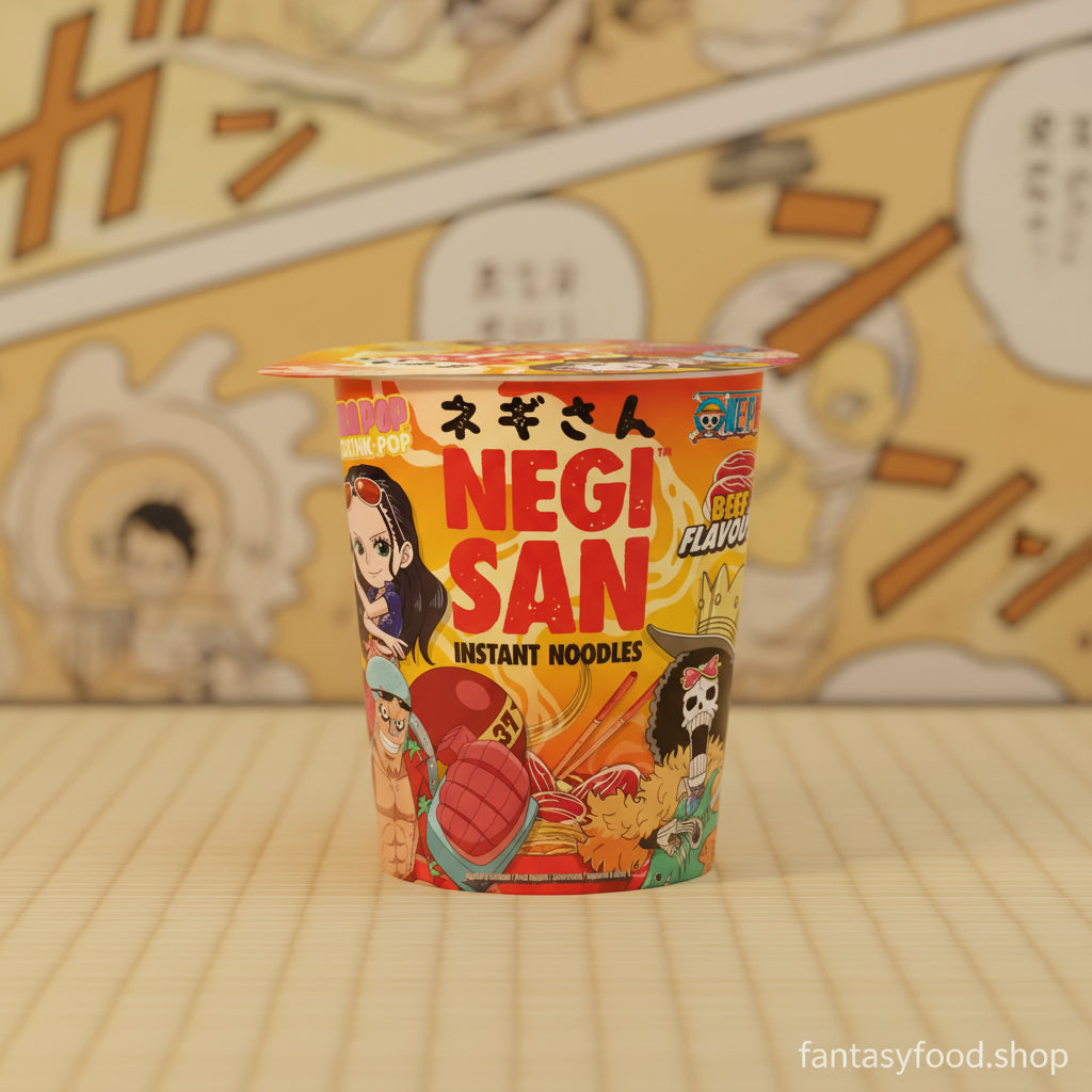 Ramen istantaneo Negisan Cup Noodle One Piece al manzo in ambientazione ispirata al mondo anime