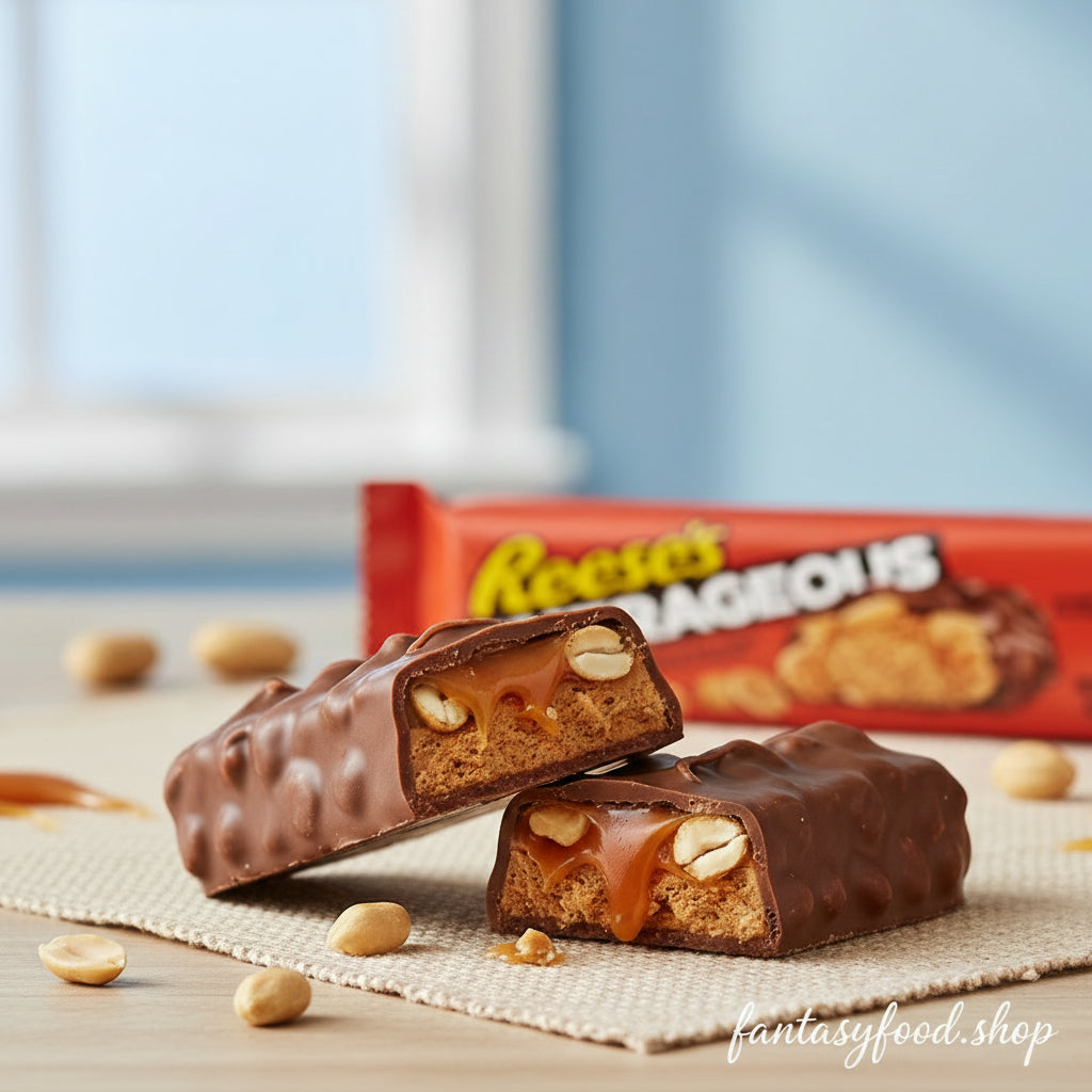 Scatto hero shot di una barretta di cioccolato e burro d'arachidi Reese's Nutrageous tagliata, con caramello dorato che cola e arachidi intere visibili all'interno. Ambientazione luminosa e moderna con toni caldi e legno chiaro.