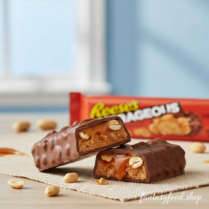 Scatto hero shot di una barretta di cioccolato e burro d'arachidi Reese's Nutrageous tagliata, con caramello dorato che cola e arachidi intere visibili all'interno. Ambientazione luminosa e moderna con toni caldi e legno chiaro.