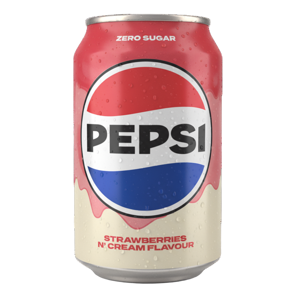 Lattina di bibita gassata PEPSI gusto Fragola e Panna (Strawberries & Cream). La confezione rossa e bianca è decorata con fragole e schizzi di panna. Cola frizzante Zero Zuccheri, in edizione limitata, importata dal Regno Unito (UK), formato 330 ml.