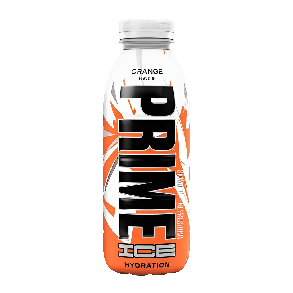Bottiglia da 500 ml della bevanda sportiva e idratante PRIME HYDRATION al gusto ICE ORANGE (Arancia e Mandarino Rinfrescante). Il liquido e il logo sulla bottiglia sono di colore arancione. La bevanda è popolare, senza zuccheri aggiunti, con elettroliti e BCAA. Prodotto molto popolare, importato dal Regno Unito (UK).