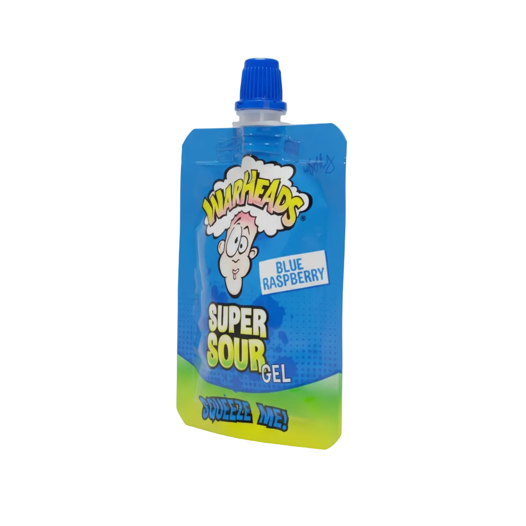 Confezione singola del Warheads Super Sour Gel Lampone Blu su sfondo neutro, evidenziando i colori vivaci e il design riconoscibile del brand