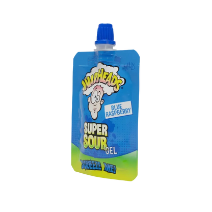 Confezione singola del Warheads Super Sour Gel Lampone Blu su sfondo neutro, evidenziando i colori vivaci e il design riconoscibile del brand