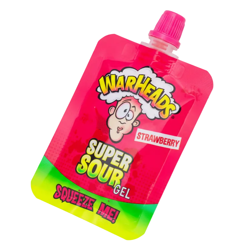 Confezione singola di Warheads Super Sour Gel Fragola su sfondo chiaro, evidenziando i colori vivaci e il logo
