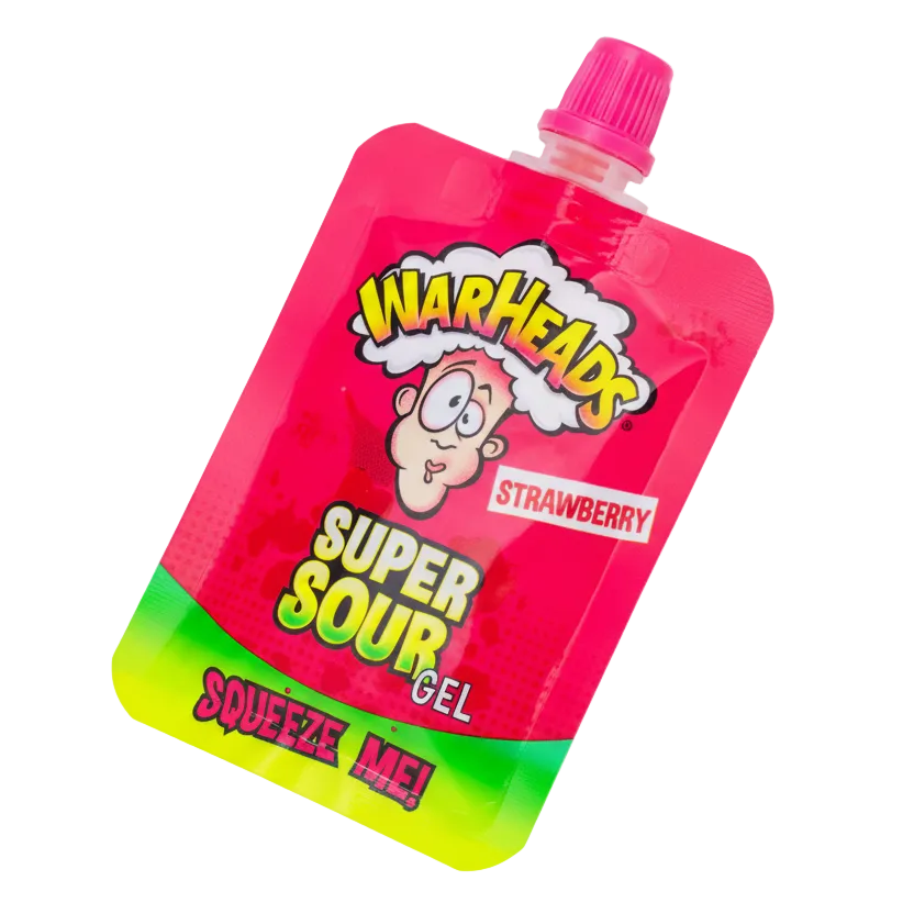 Confezione singola di Warheads Super Sour Gel Fragola su sfondo chiaro, evidenziando i colori vivaci e il logo